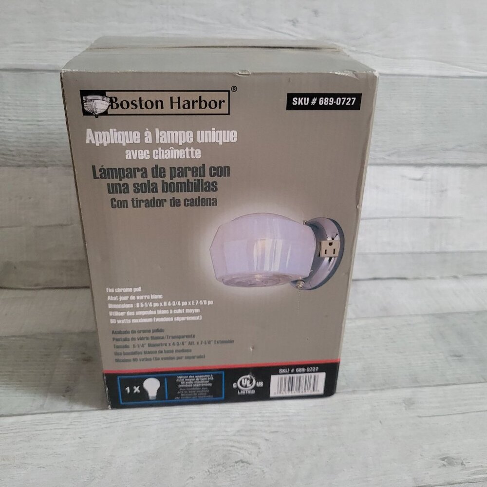Boston Harbor Wall Lamp With Pull Chain & White Glass Shade Polished Chrome Fini